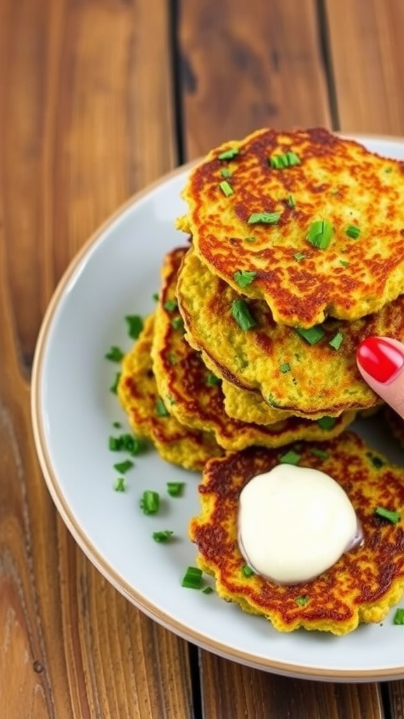 Crispy quinoa and zucchini fritters served with dipping sauce on a rustic table.